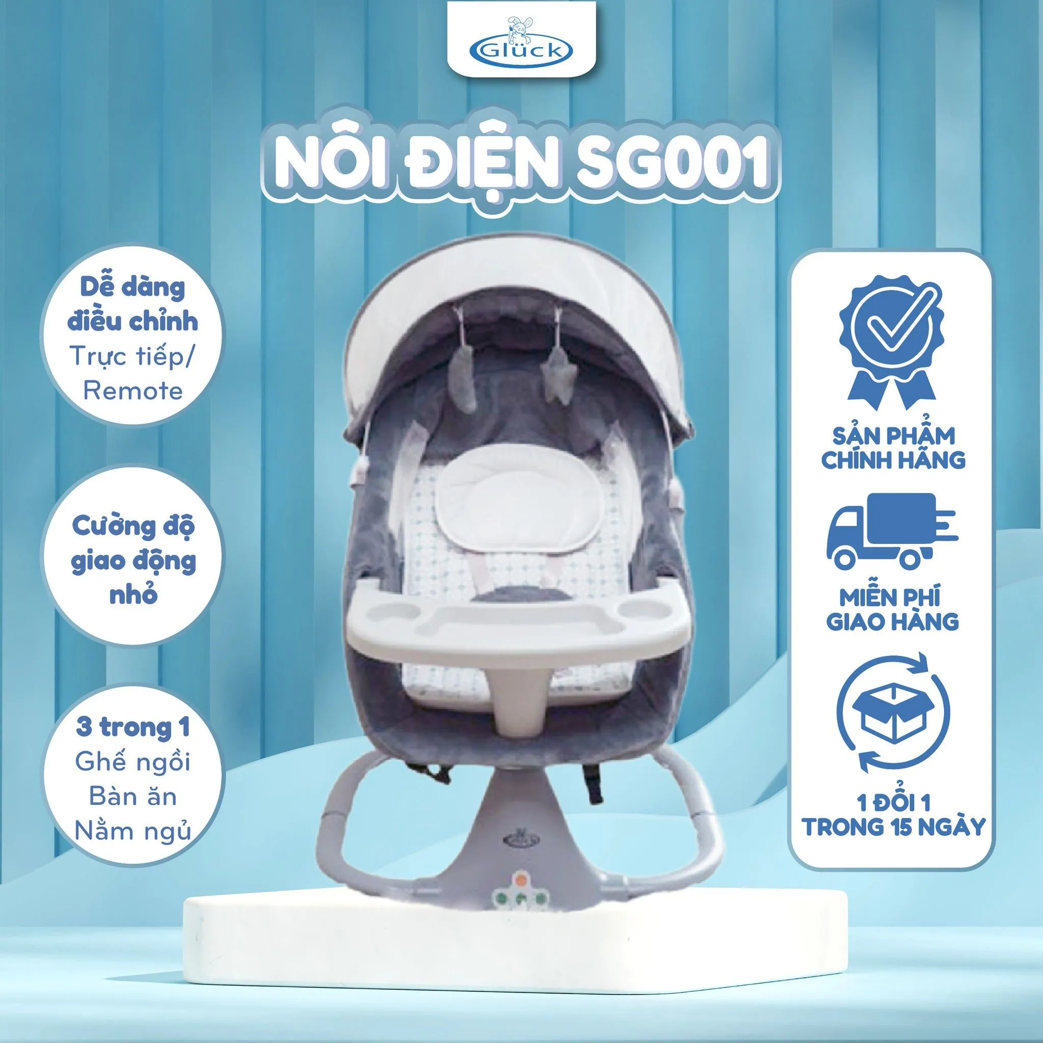 Nôi điện tự động ru ngủ cho bé Gluck SG001 có điều khiển từ xa kèm kết nối bluetooth