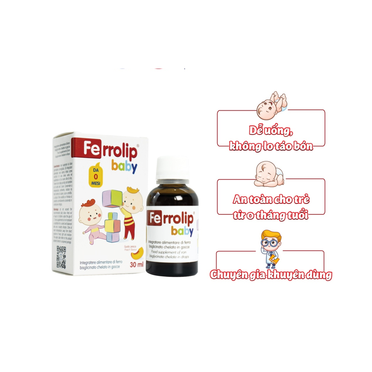 Sắt Ferrolip Baby dạng siro vị đào thơm ngon lọ 30 ml - Bổ sung sắt cho cơ thể