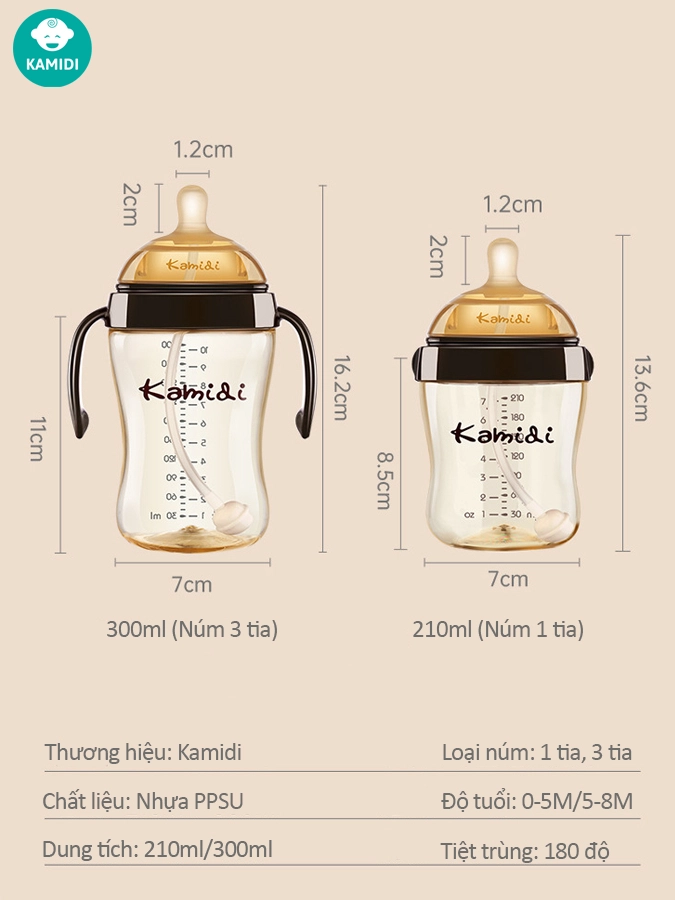 Bình sữa Kamidi chất liệu PPSU dung tích 300ml, hàng chính hãng