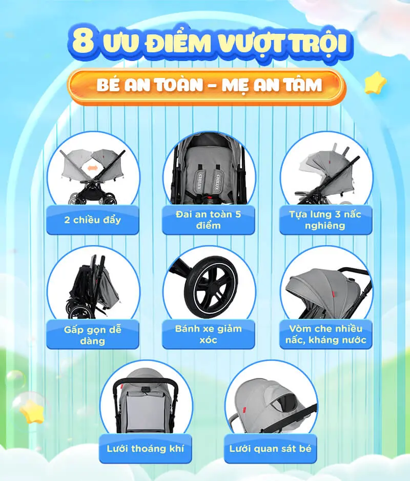 Xe đẩy hai chiều Chilux K3, gấp nhỏ gọn