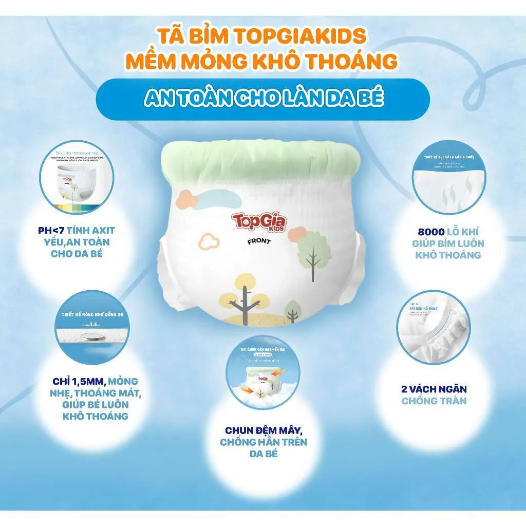 Bỉm quần Topgiakids B02 bảo vệ làn da của bé, đai chun đệm mây mềm mại, chống tràn tối đa